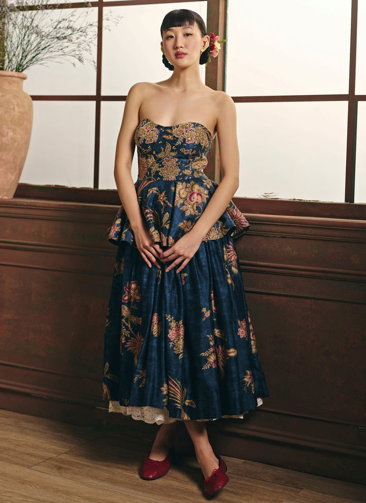 Blue Printed Silk Corset Skirt Set