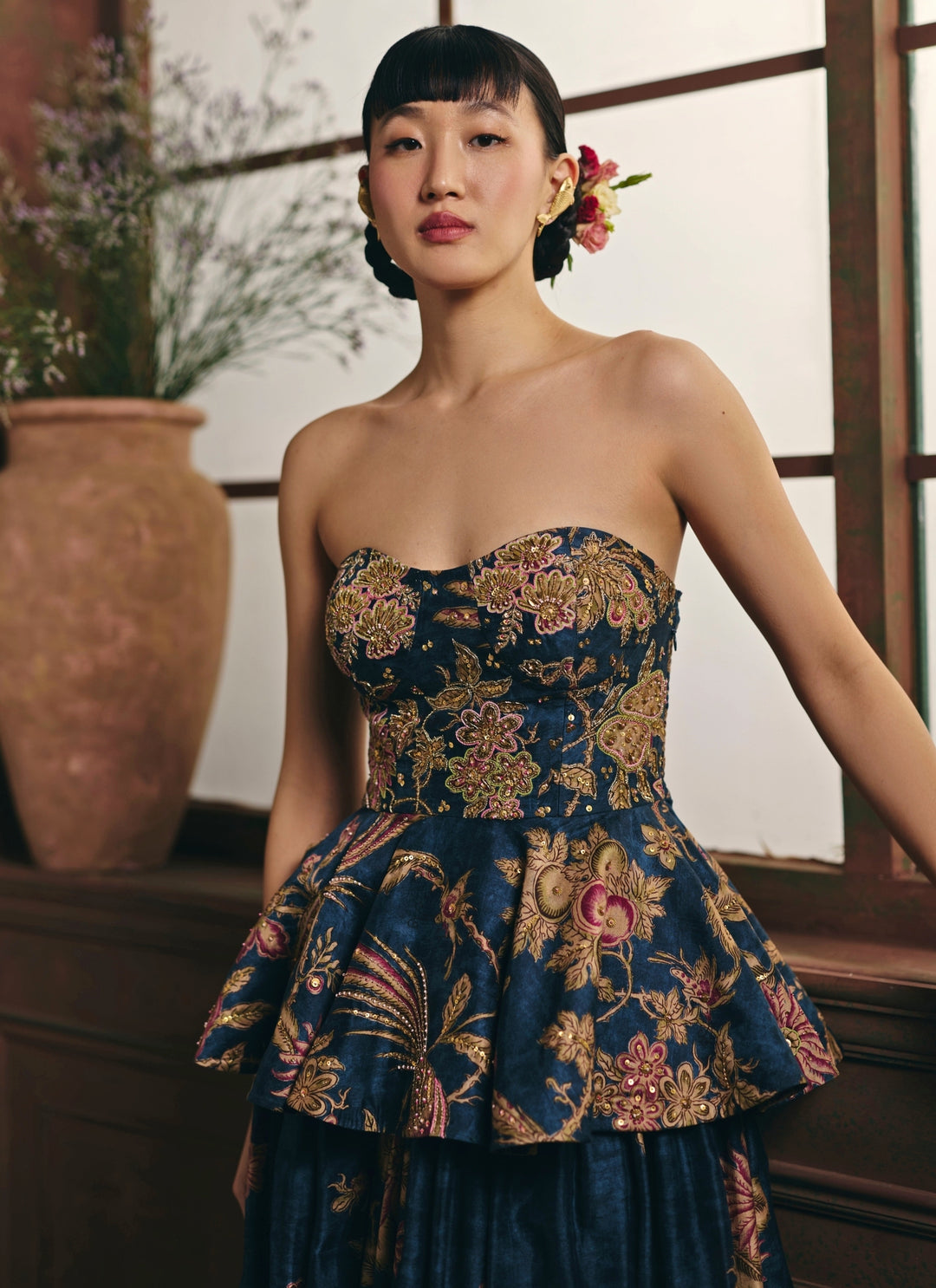 Blue Printed Silk Corset Skirt Set