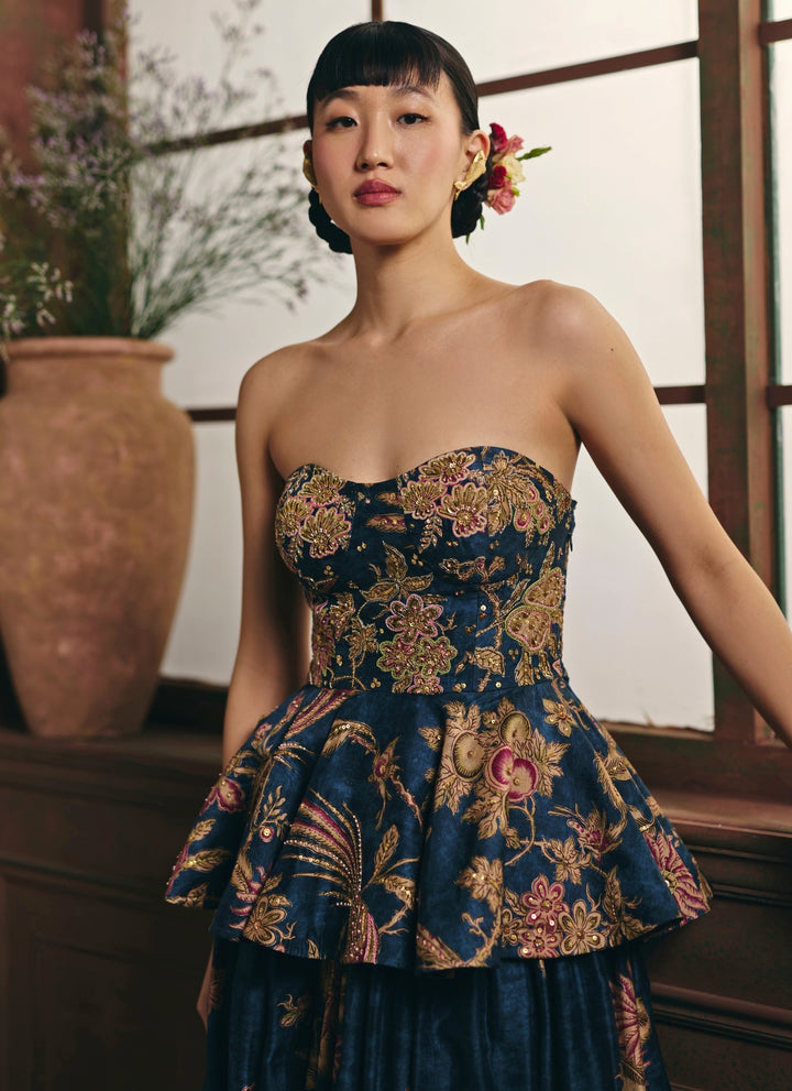 Blue Printed Silk Corset Skirt Set