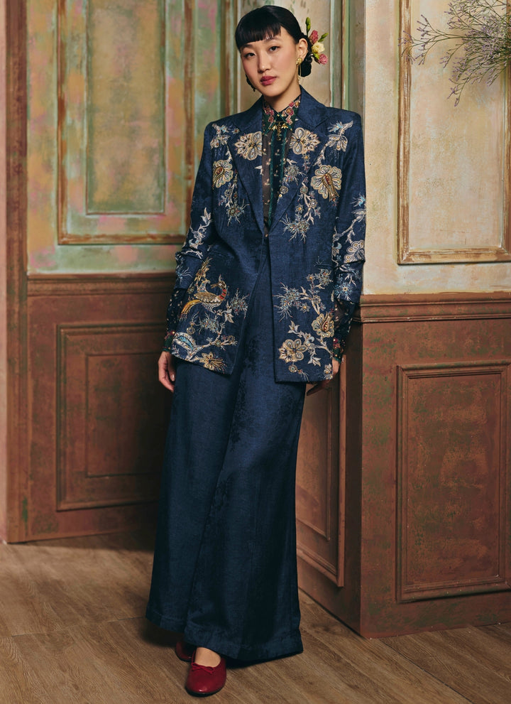 Blue Printed Jacquard Blazer Set