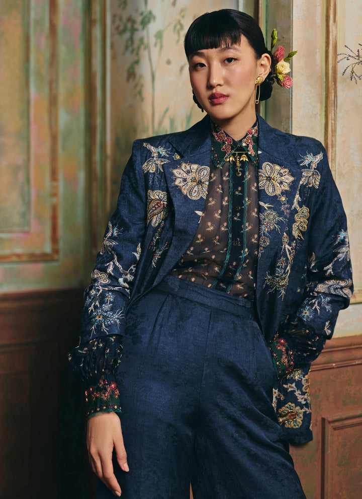 Blue Printed Jacquard Blazer Set
