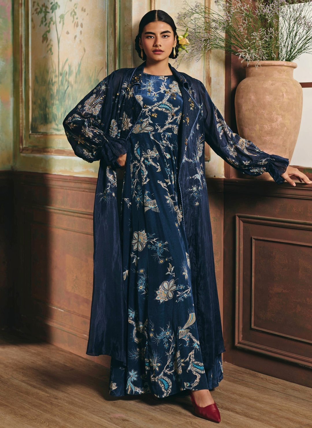 Blue Printed Crepe Jumpsuit With Jacket