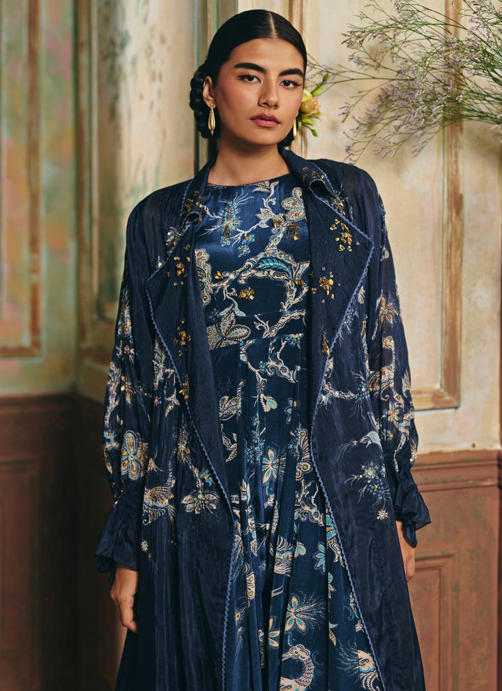 Blue Printed Crepe Jumpsuit With Jacket
