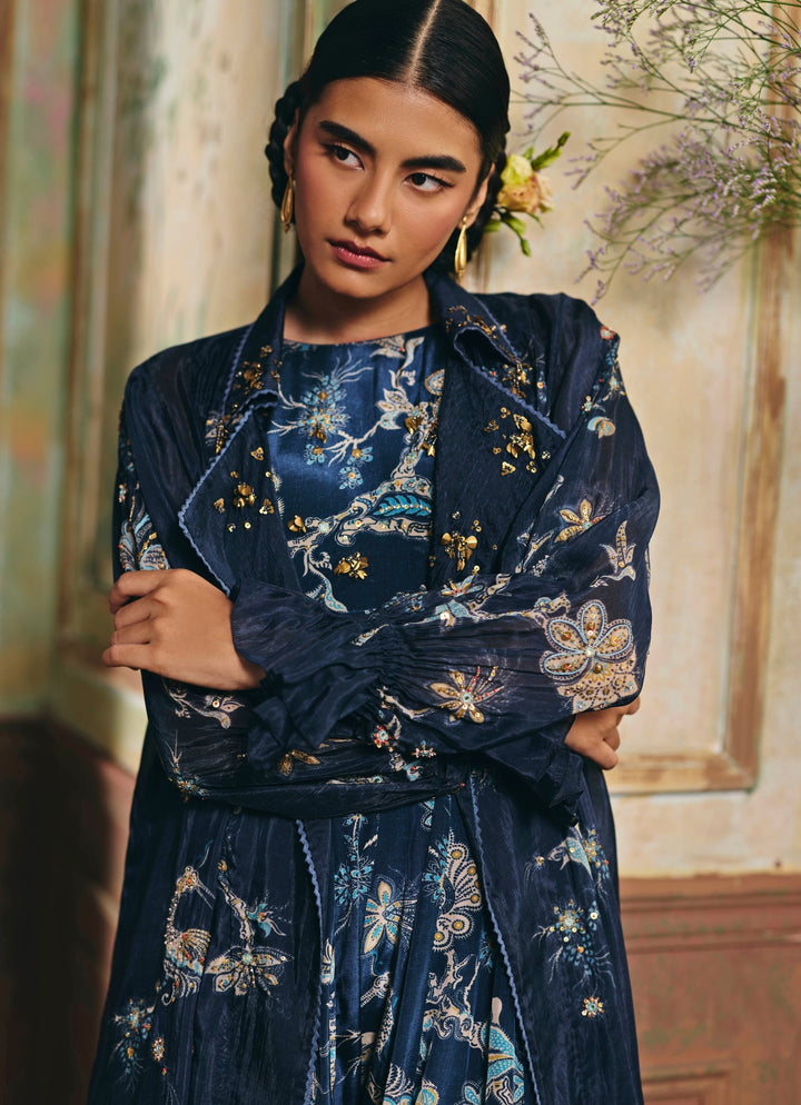 Blue Printed Crepe Jumpsuit With Jacket