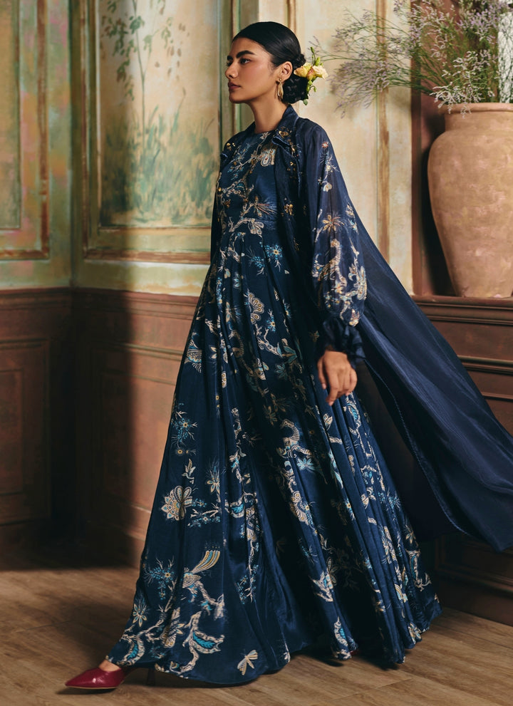 Blue Printed Crepe Jumpsuit With Jacket