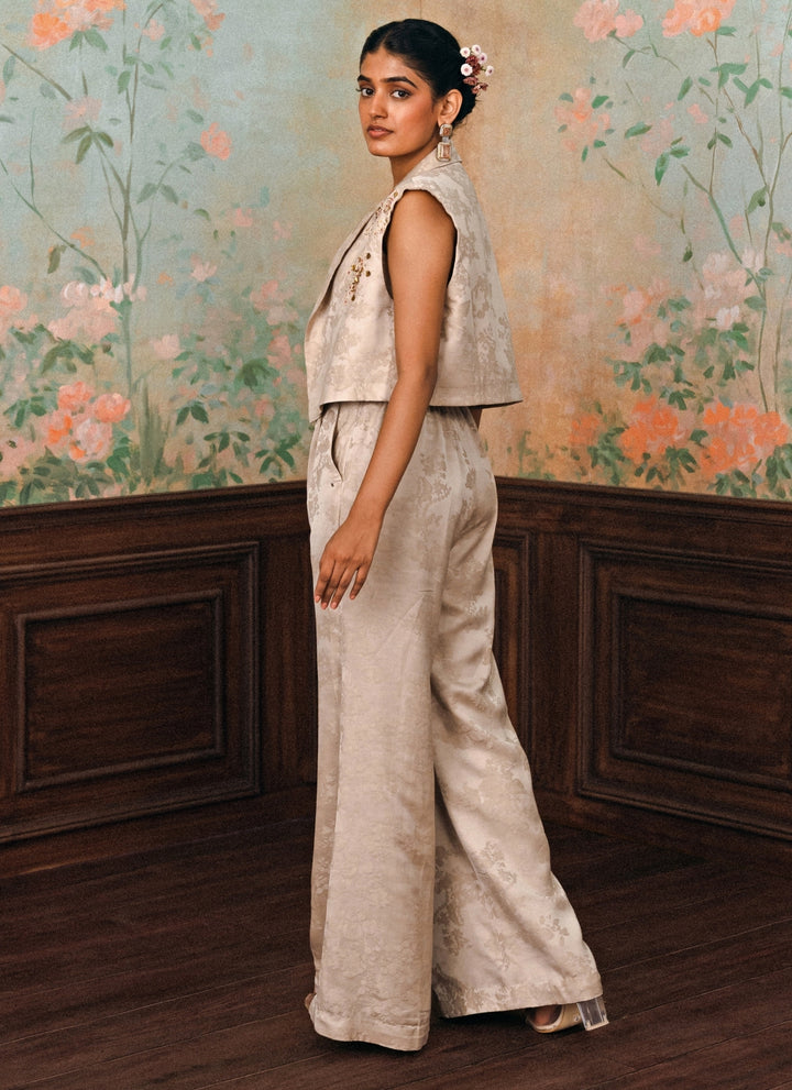 Muted Beige Jacquard Jacket Pants Set