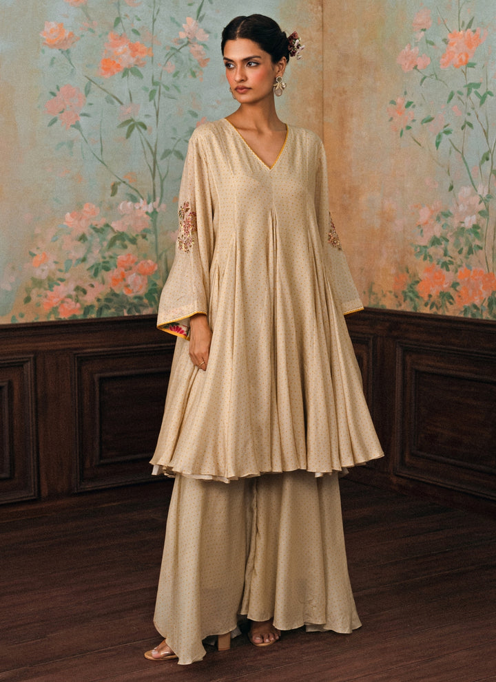 Ivory Printed Cotton Silk Kurta Pants Set