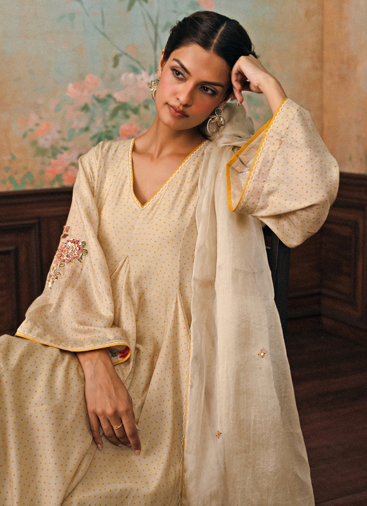 Ivory Printed Cotton Silk Kurta Pants Set