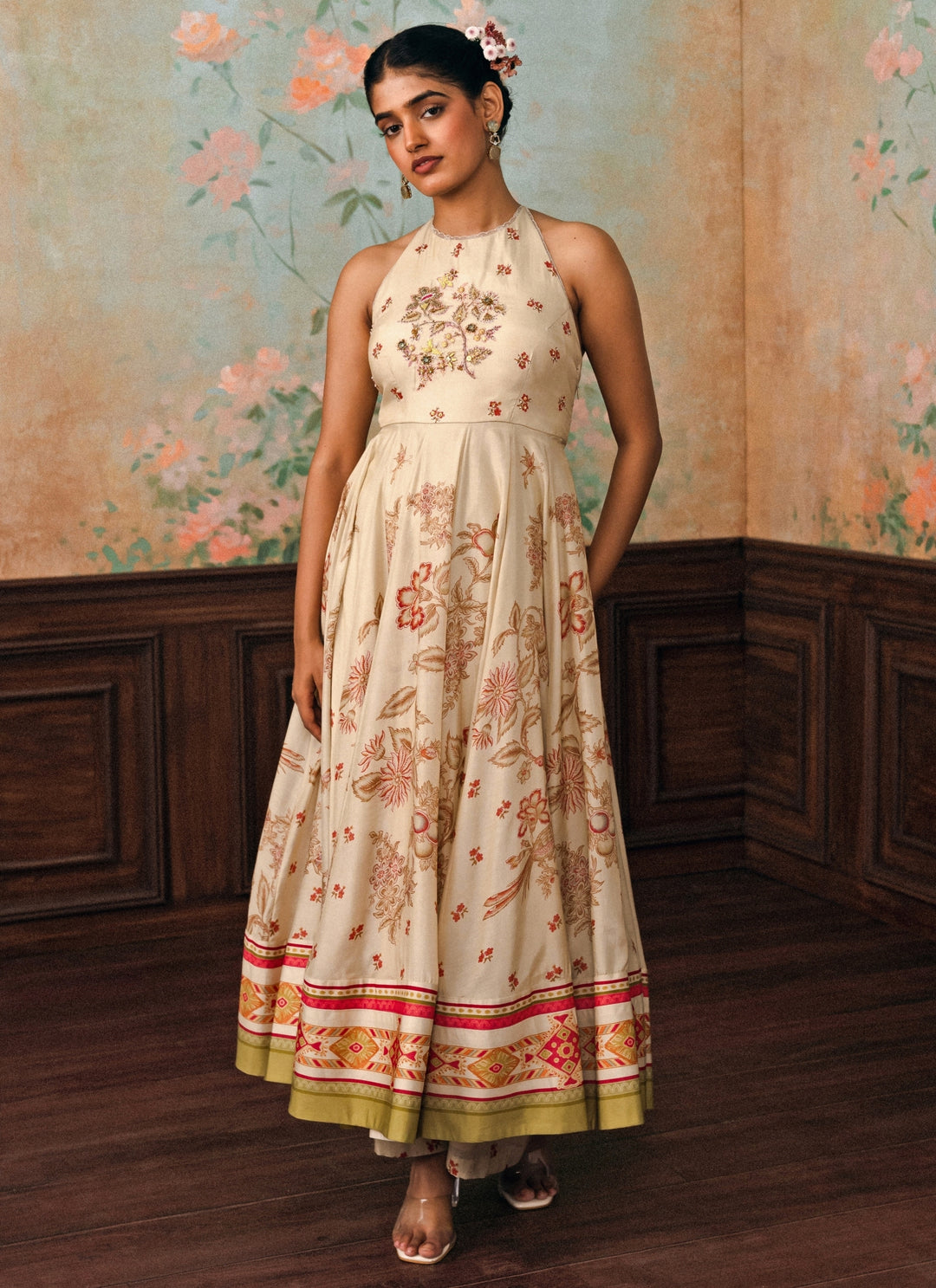 Ivory Printed Cotton Silk Anarkali Set
