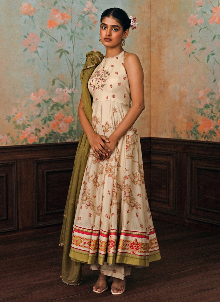 Ivory Printed Cotton Silk Anarkali Set