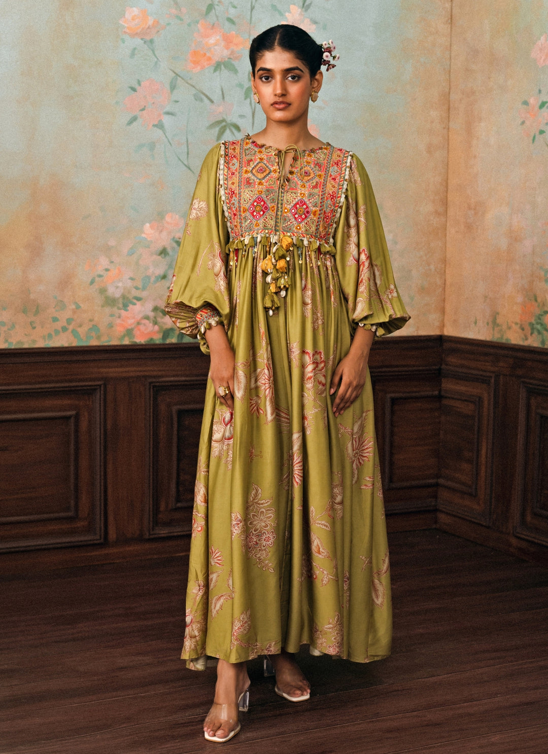 Olive Green Printed Silk Maxi Dress