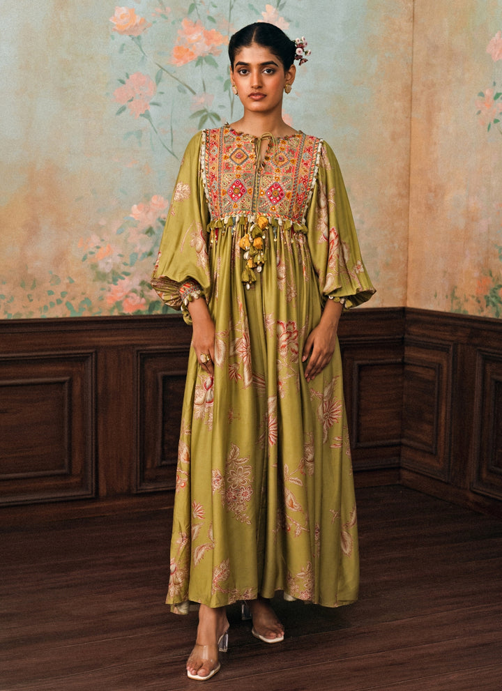 Olive Green Printed Silk Maxi Dress