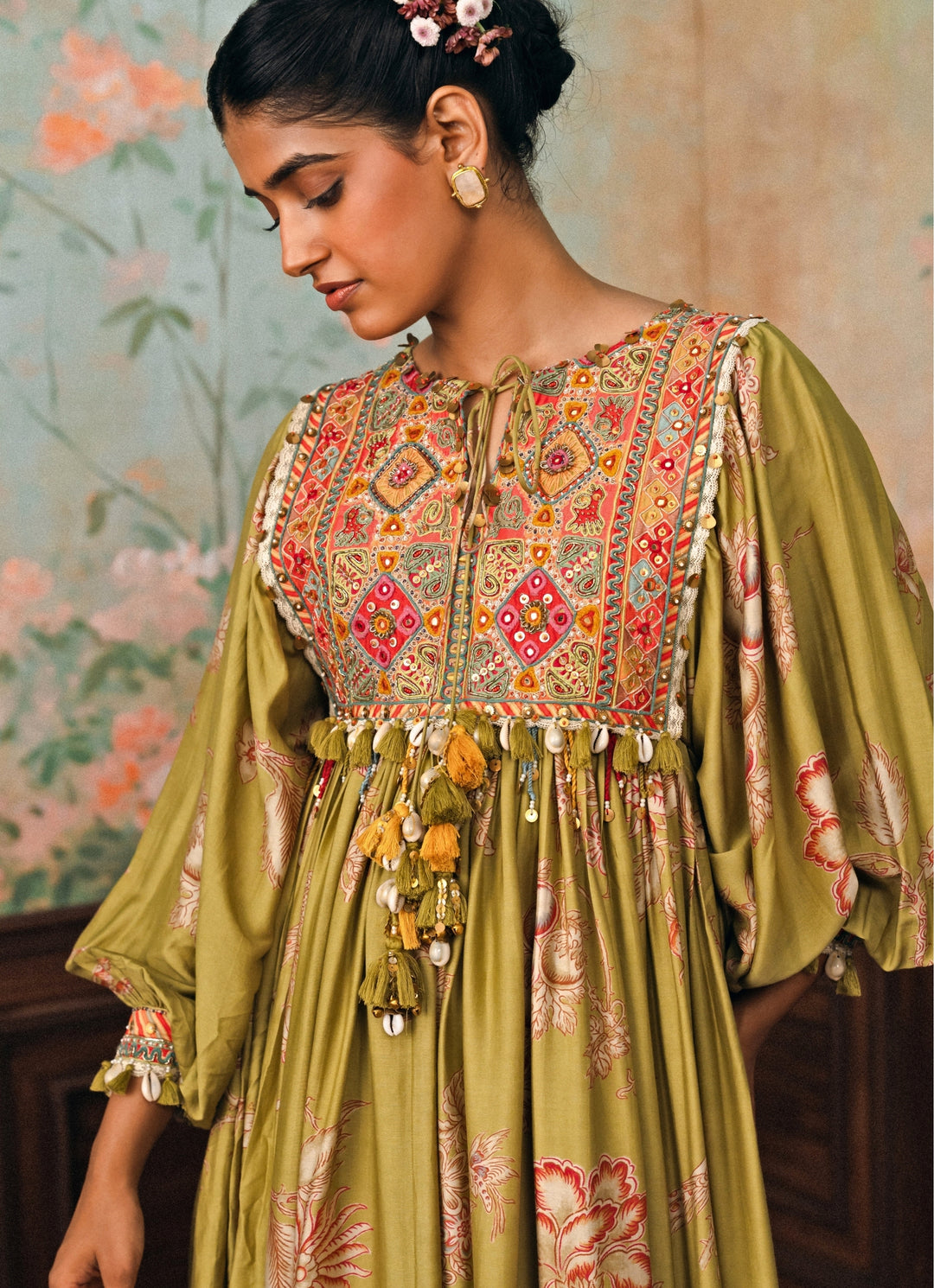 Olive Green Printed Silk Maxi Dress