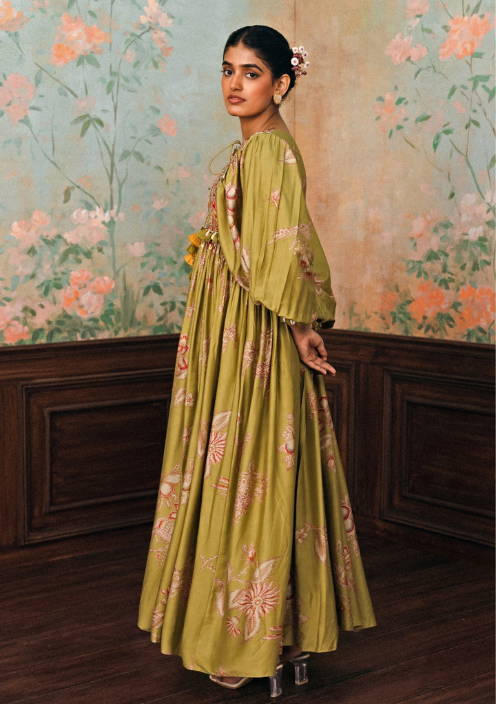 Olive Green Printed Silk Maxi Dress