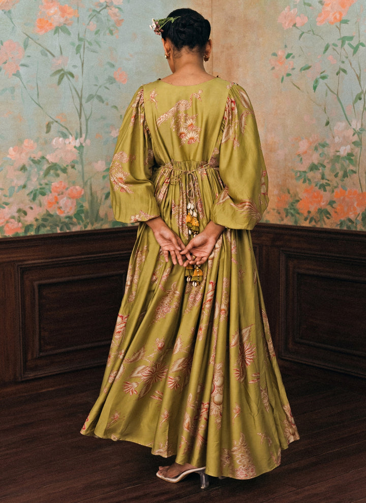 Olive Green Printed Silk Maxi Dress