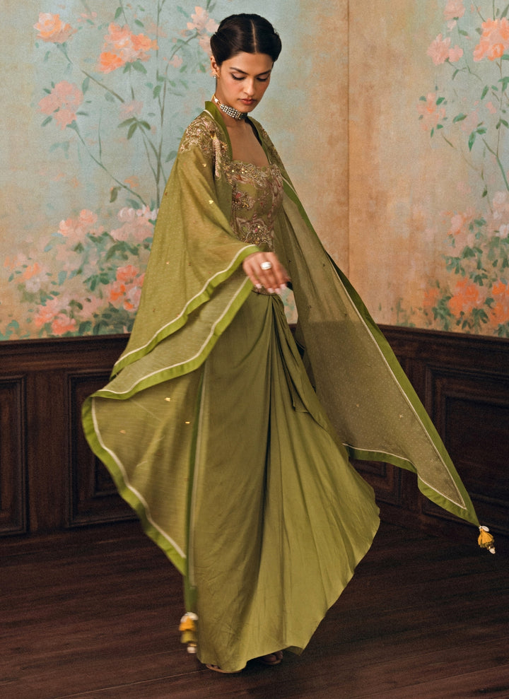 Olive Green Silk Drape Skirt Set With Corset And Cape