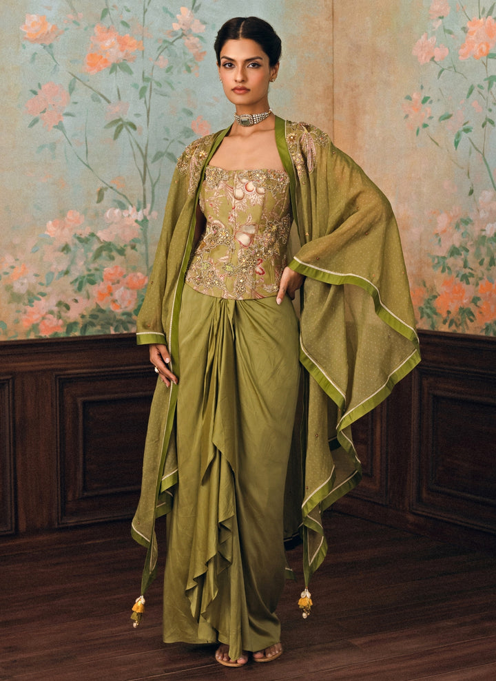 Olive Green Silk Drape Skirt Set With Corset And Cape