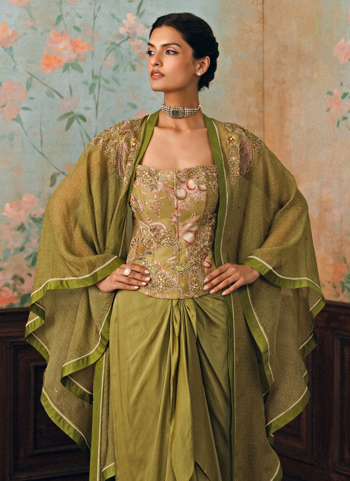 Olive Green Silk Drape Skirt Set With Corset And Cape