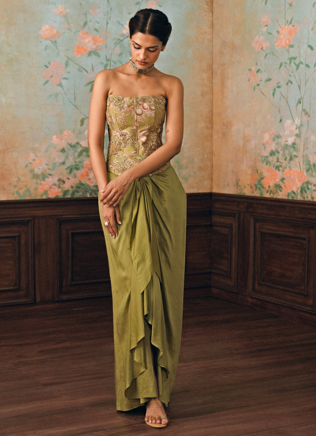 Olive Green Silk Drape Skirt Set With Corset And Cape