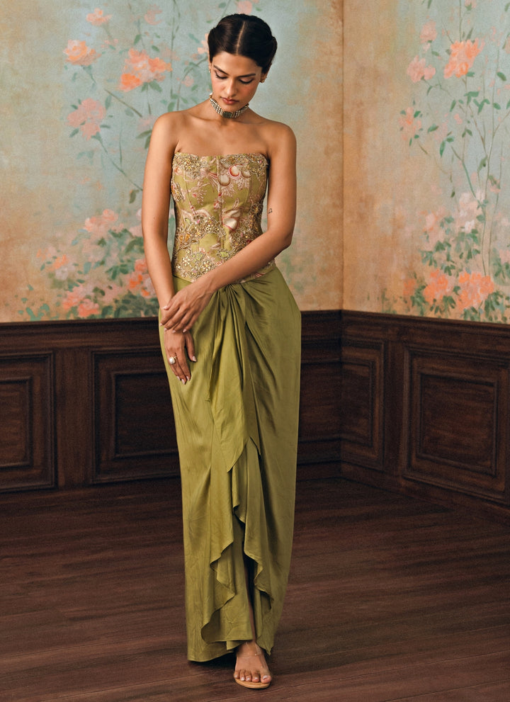 Olive Green Silk Drape Skirt Set With Corset And Cape