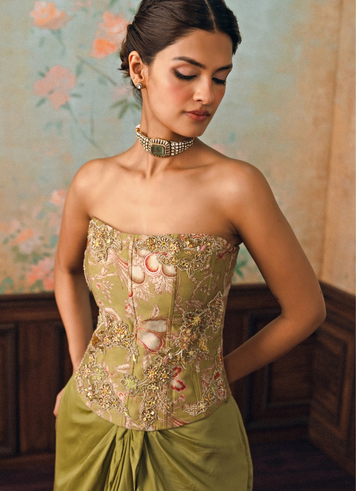 Olive Green Silk Drape Skirt Set With Corset And Cape