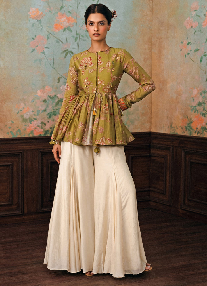 Olive Green Silk Peplum Kurta Palazzo Set