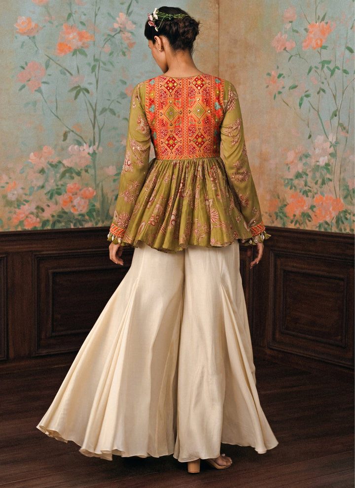 Olive Green Silk Peplum Kurta Palazzo Set