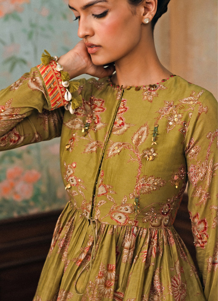 Olive Green Silk Peplum Kurta Palazzo Set