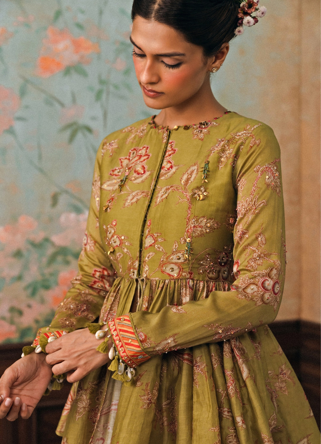 Olive Green Silk Peplum Kurta Palazzo Set