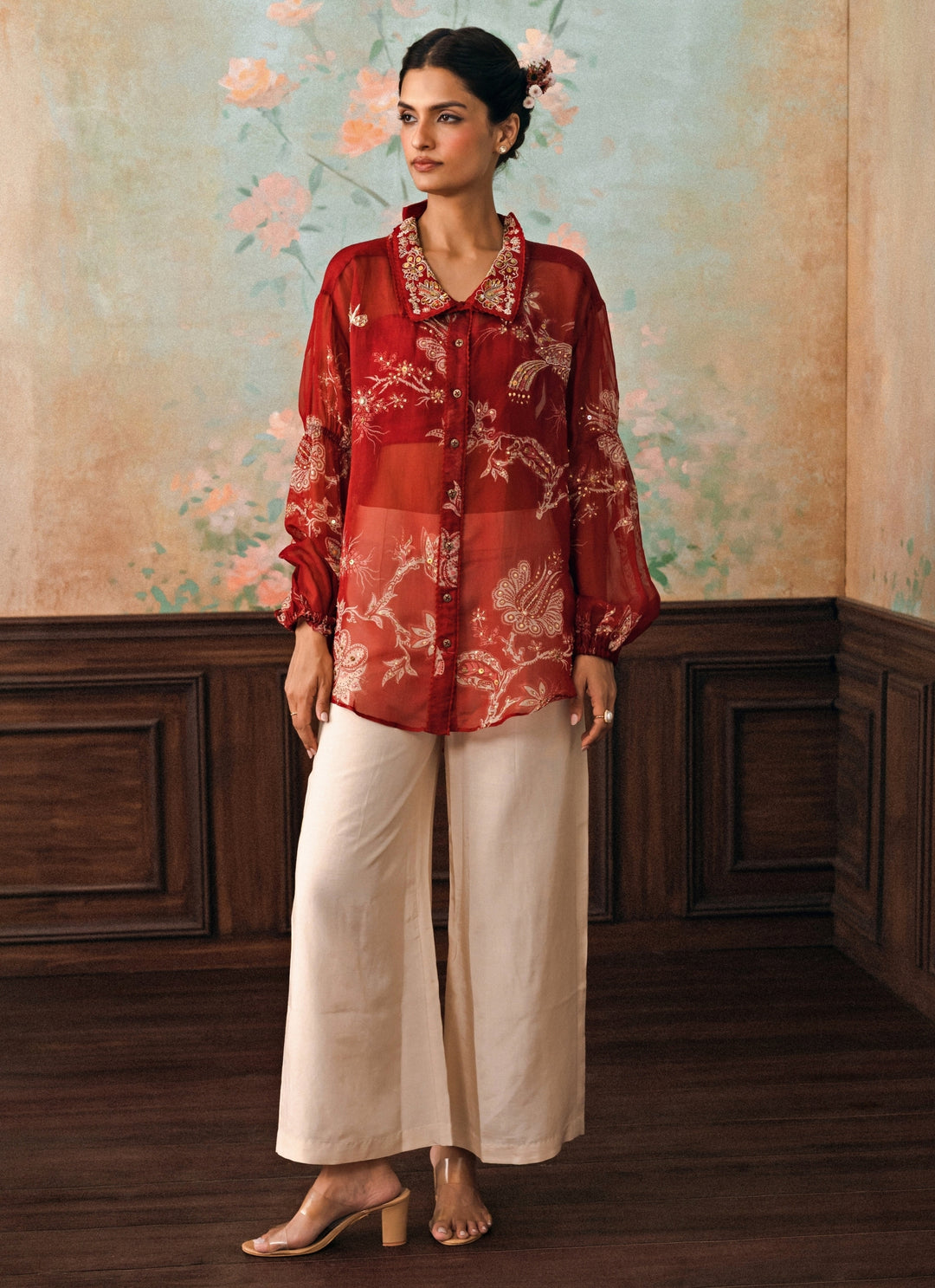 Crimson Red Printed Organza Shirt