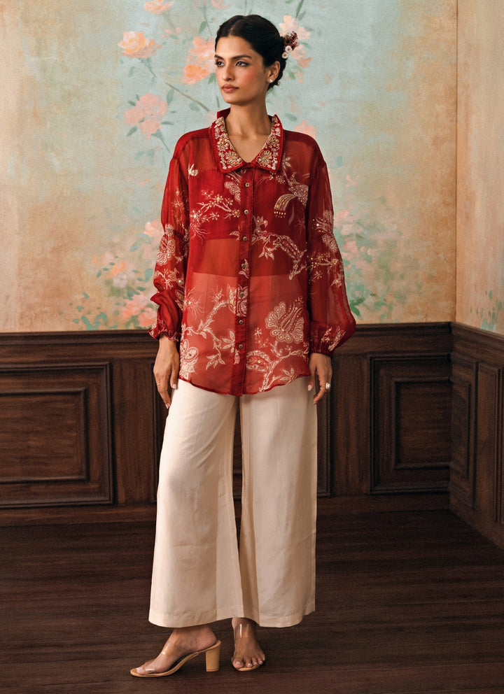 Crimson Red Printed Organza Shirt