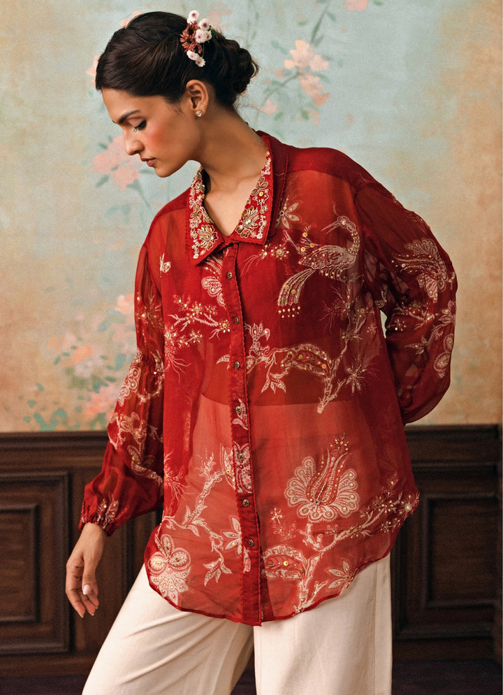 Crimson Red Printed Organza Shirt
