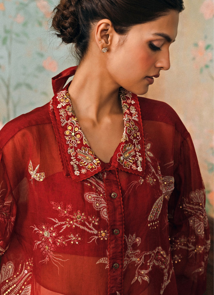 Crimson Red Printed Organza Shirt