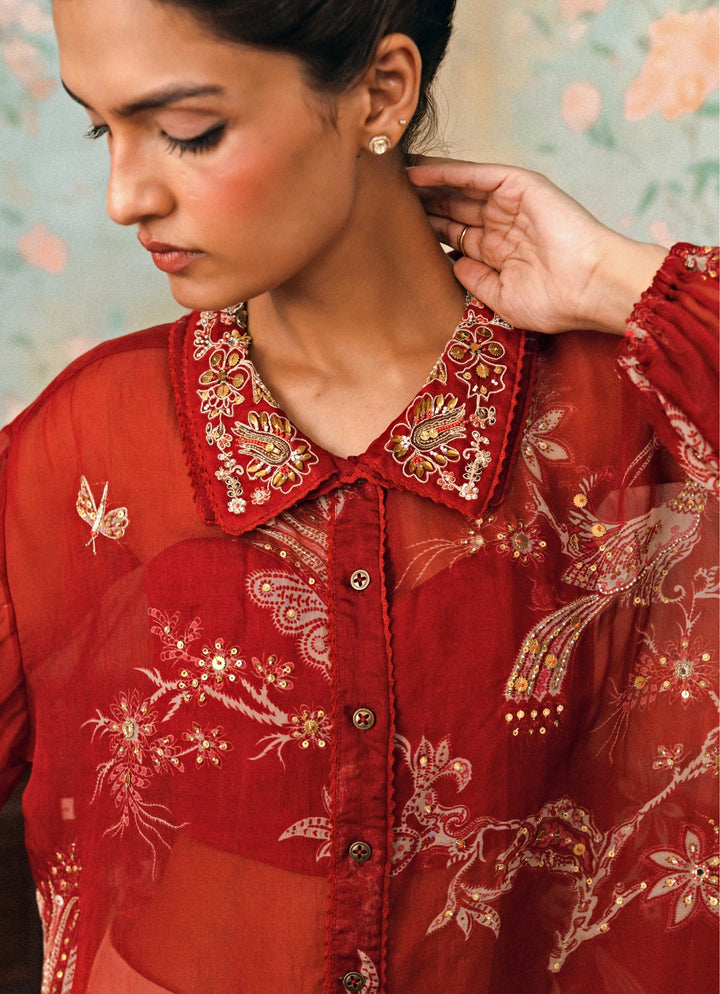 Crimson Red Printed Organza Shirt