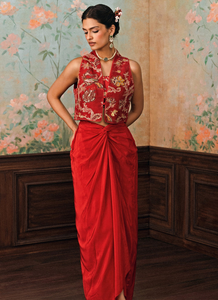 Crimson Red Crepe Drape Skirt Set With Jacket