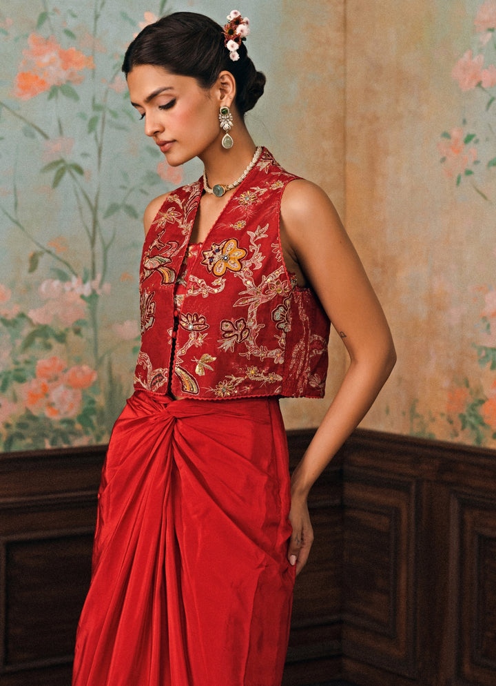 Crimson Red Crepe Drape Skirt Set With Jacket