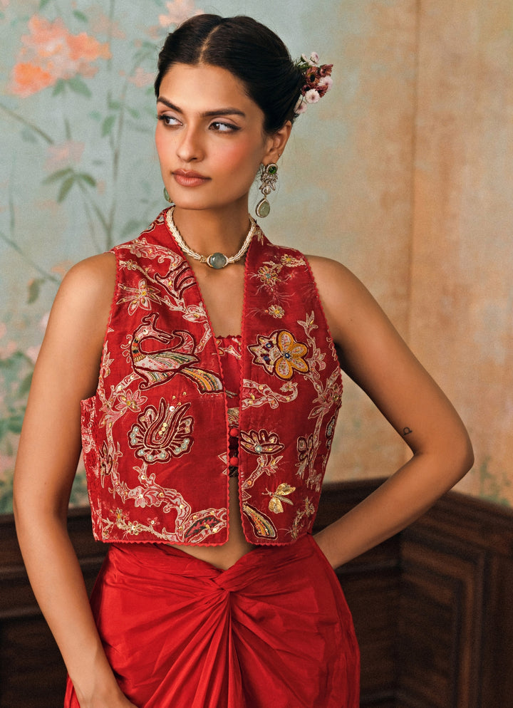 Crimson Red Crepe Drape Skirt Set With Jacket