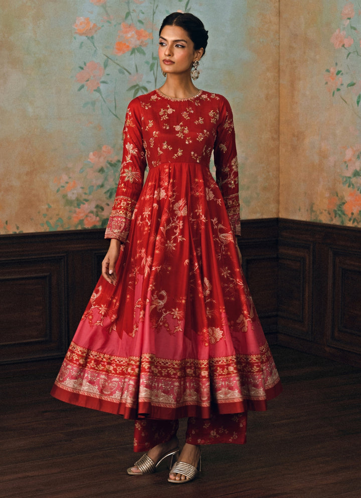Crimson Red Cotton Silk Anarkali Set