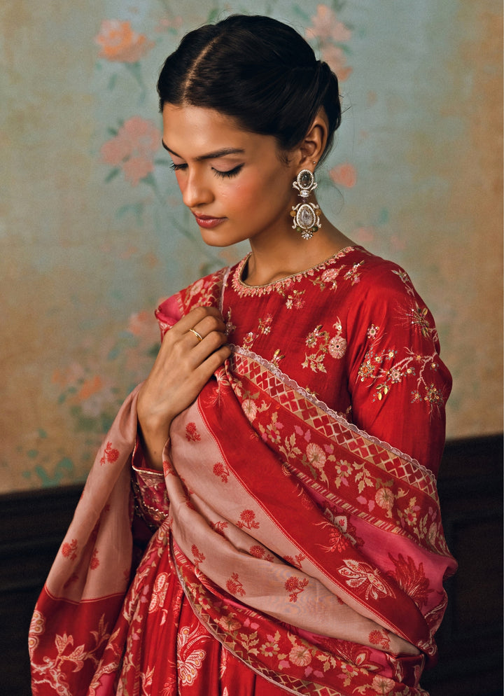 Crimson Red Cotton Silk Anarkali Set
