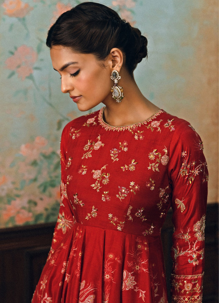 Crimson Red Cotton Silk Anarkali Set