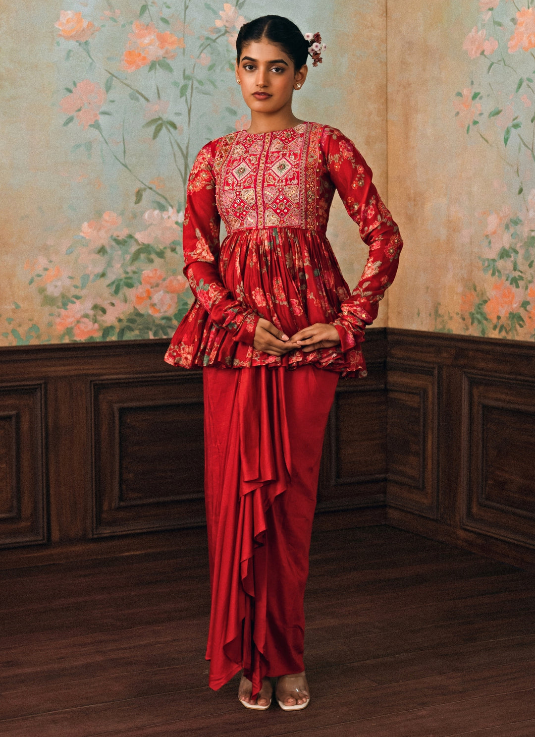 Crimson Red Crepe Drape Skirt Set With Peplum Top