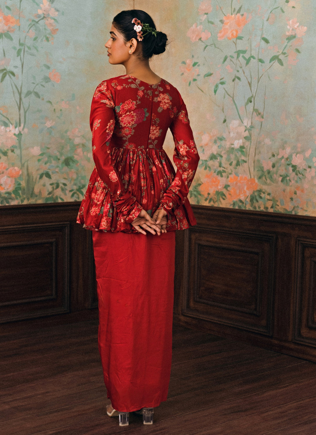Crimson Red Crepe Drape Skirt Set With Peplum Top