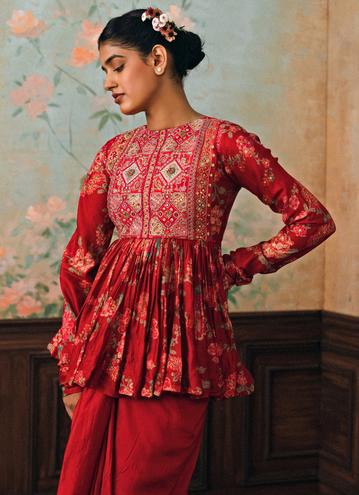 Crimson Red Crepe Drape Skirt Set With Peplum Top