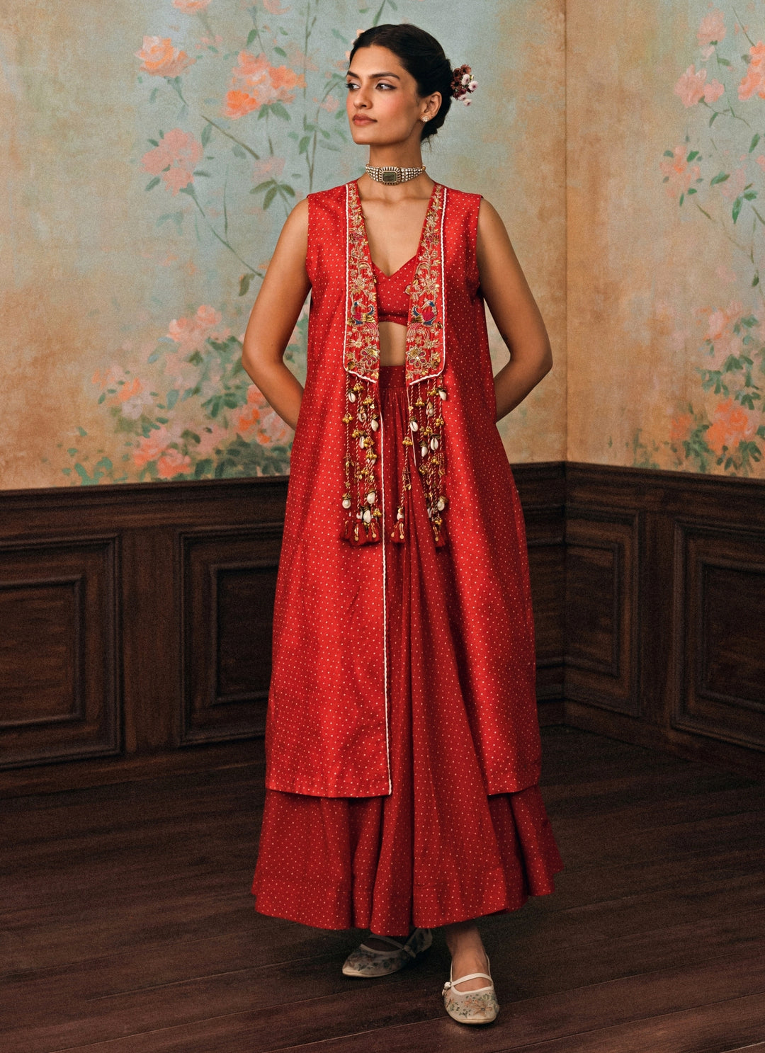 Crimson Red Printed Silk Lehenga Set With Jacket
