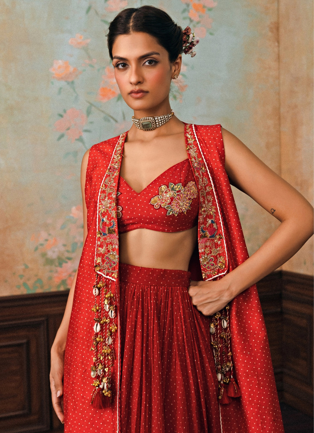 Crimson Red Printed Silk Lehenga Set With Jacket
