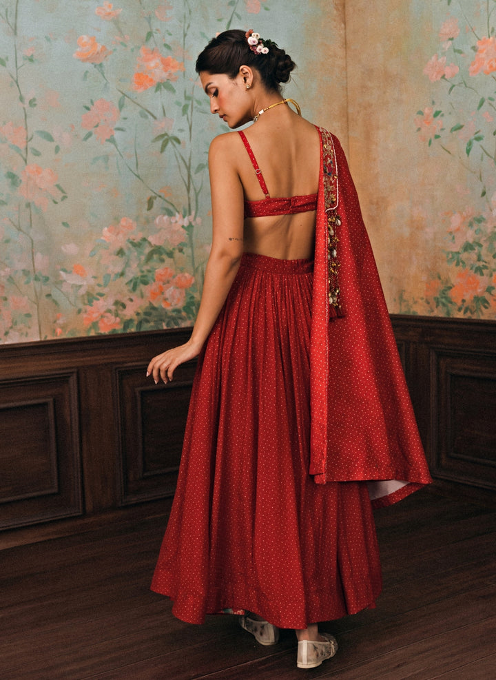 Crimson Red Printed Silk Lehenga Set With Jacket