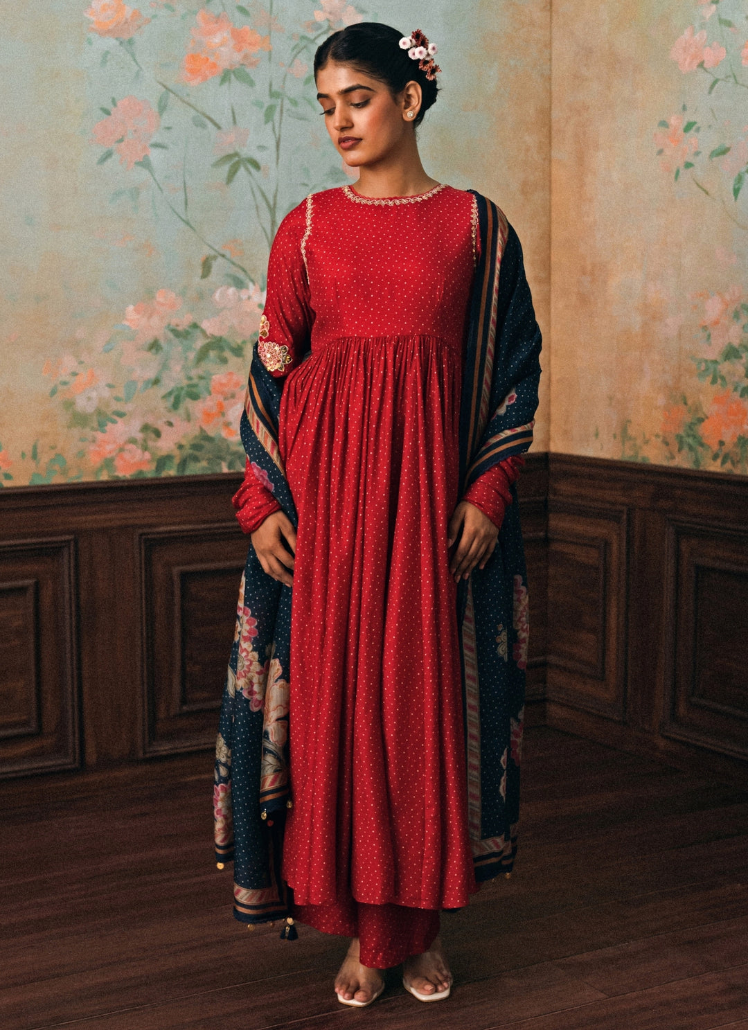 Red Cotton Silk Anarkali Set