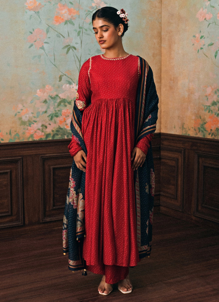 Red Cotton Silk Anarkali Set