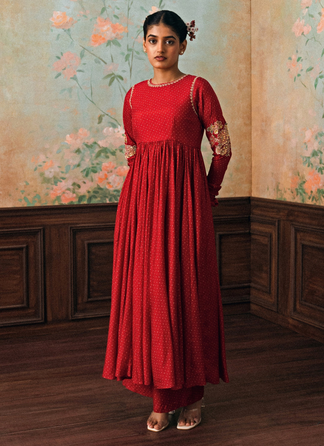Red Cotton Silk Anarkali Set
