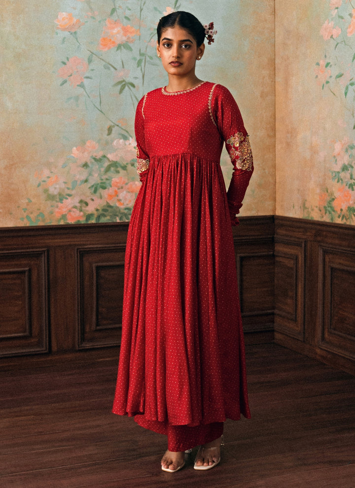 Red Cotton Silk Anarkali Set